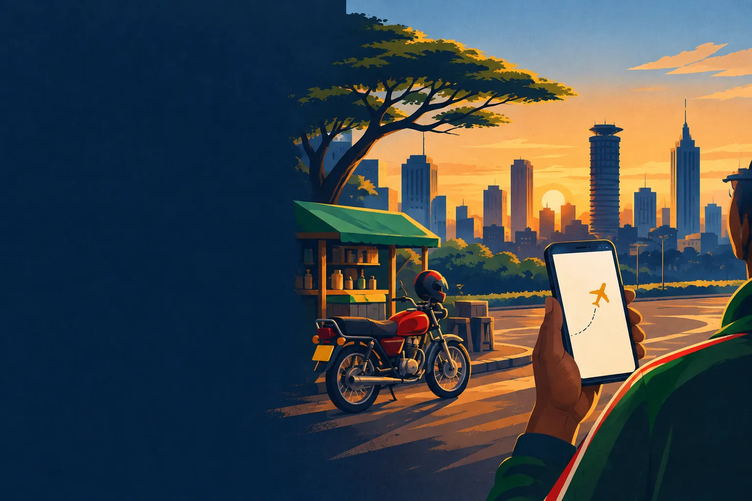 A Nairobi street at sunset: a hand holding a phone, a boda-boda and a kiosk, the city skyline behind